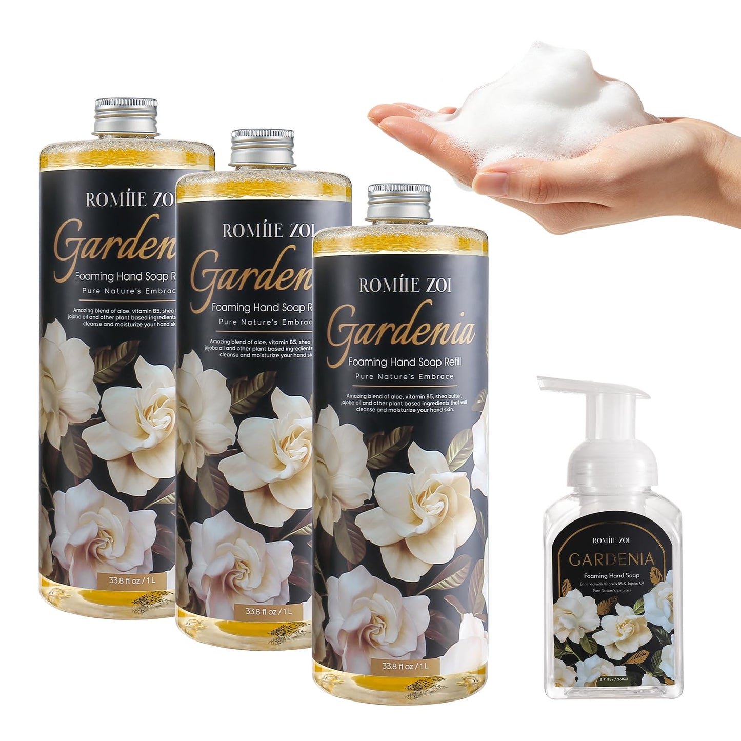 ROMIIE ZOI Hand Soap Refills Foaming, Gardenia Scent Natural Plant Moisturizing Foam Soap Refills with Dispenser 1 L/ 33.8 FL OZ(Pack of 3)