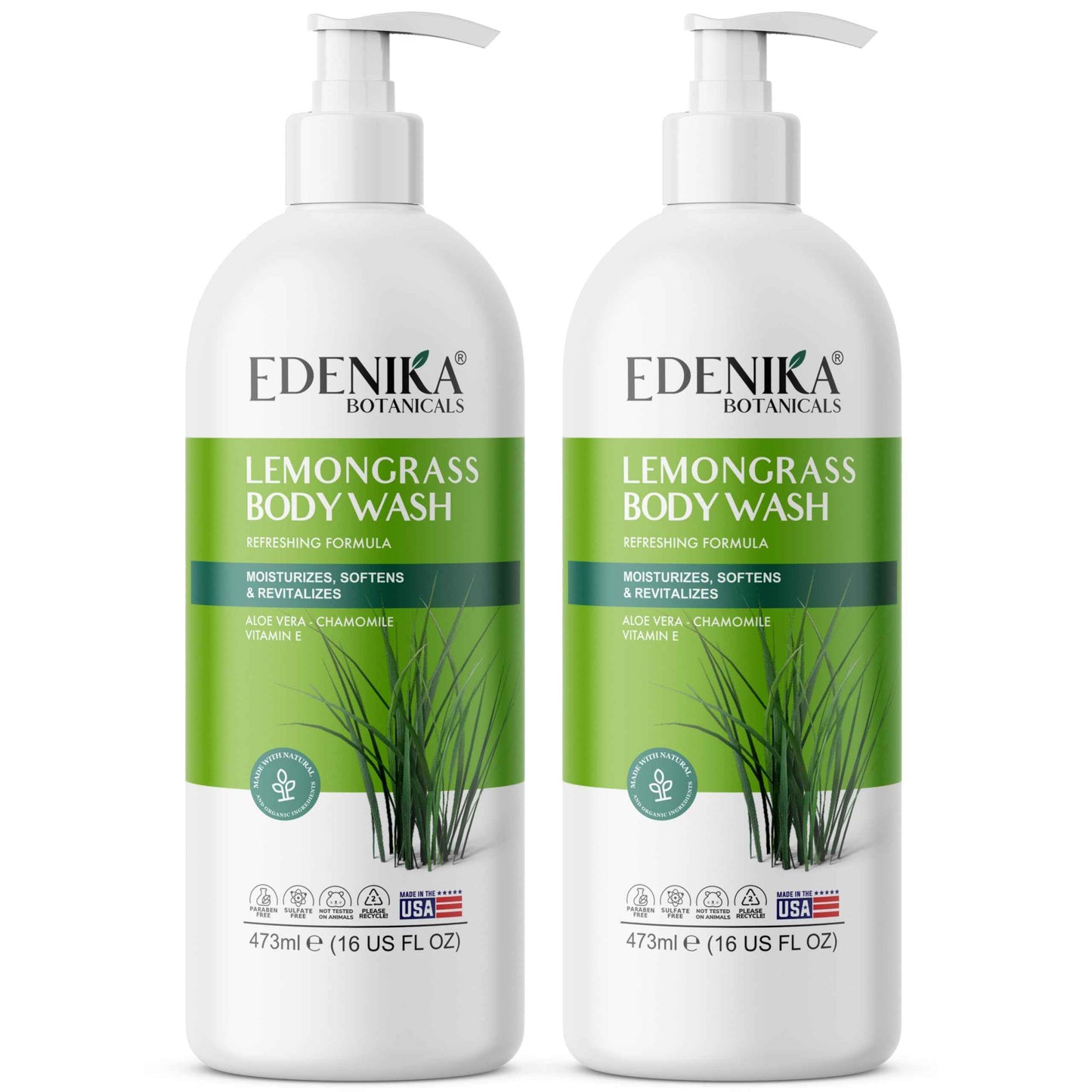 EDENIKA BOTANICALS Lemongrass Body Wash with Vitamin E, Cleanses, Refreshes & Invigorates, Shower Gel for Dry and Sensitive Skin, Women & Men, Organic & Natural, 16 fl oz, 2-Pack