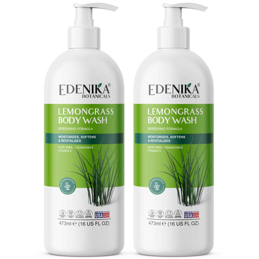 EDENIKA BOTANICALS Lemongrass Body Wash with Vitamin E, Cleanses, Refreshes & Invigorates, Shower Gel for Dry and Sensitive Skin, Women & Men, Organic & Natural, 16 fl oz, 2-Pack