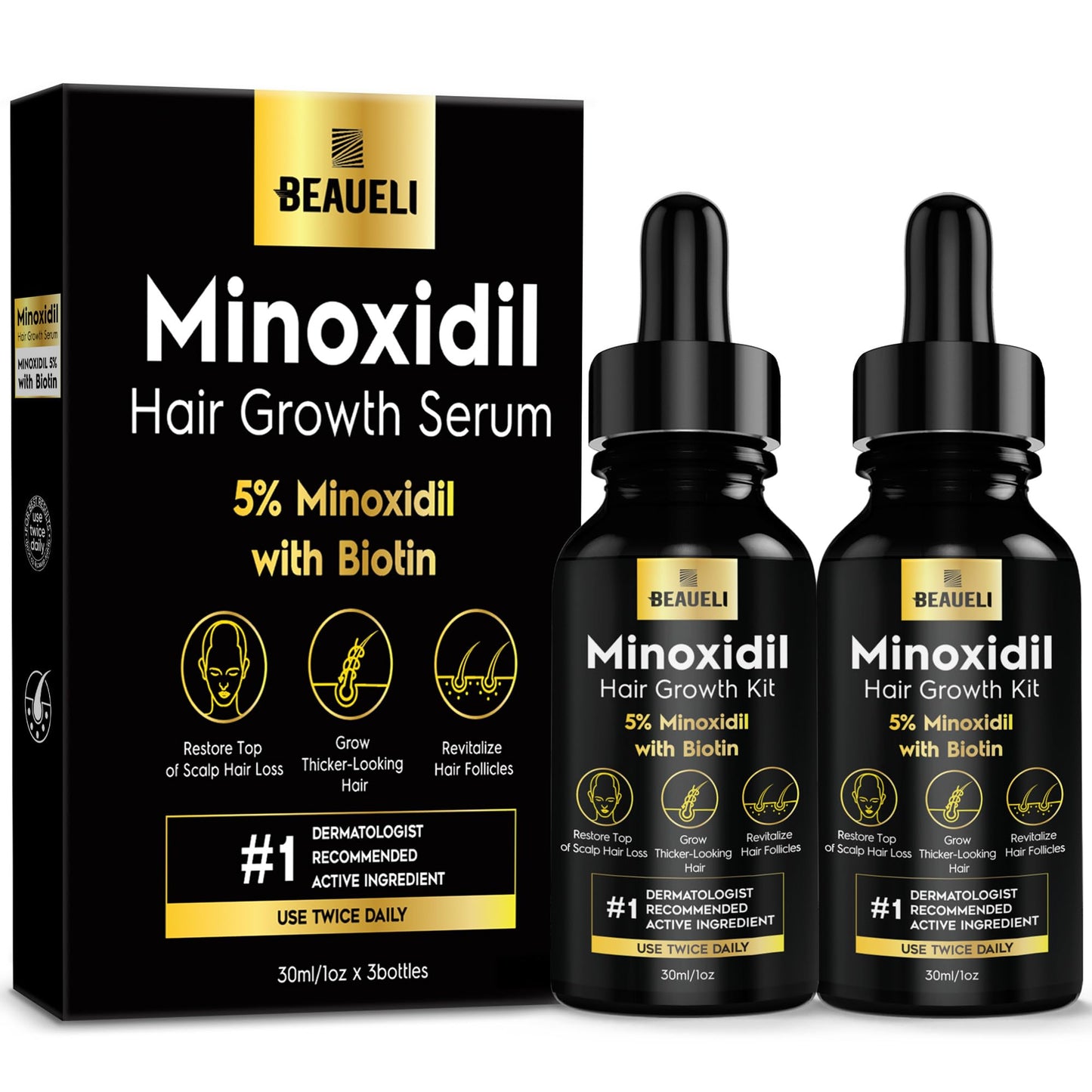 5% Minoxidil Hair Growth for Men and Women: Extra Strength Minoxidil Beard Regrowth Treatment Serum with Biotin for Thinning Hair Loss to Grow Thicker Fuller 30ml 2 Bottles