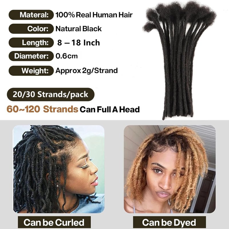 30 Strands Dread Extensions Human Hair, 0.6 cm Hand Made Locs Extensions Human Hair Natural Black Color for Women Men Kids Full Handmade Permanent Locs Can Be Dyed and Bleached 16 inches