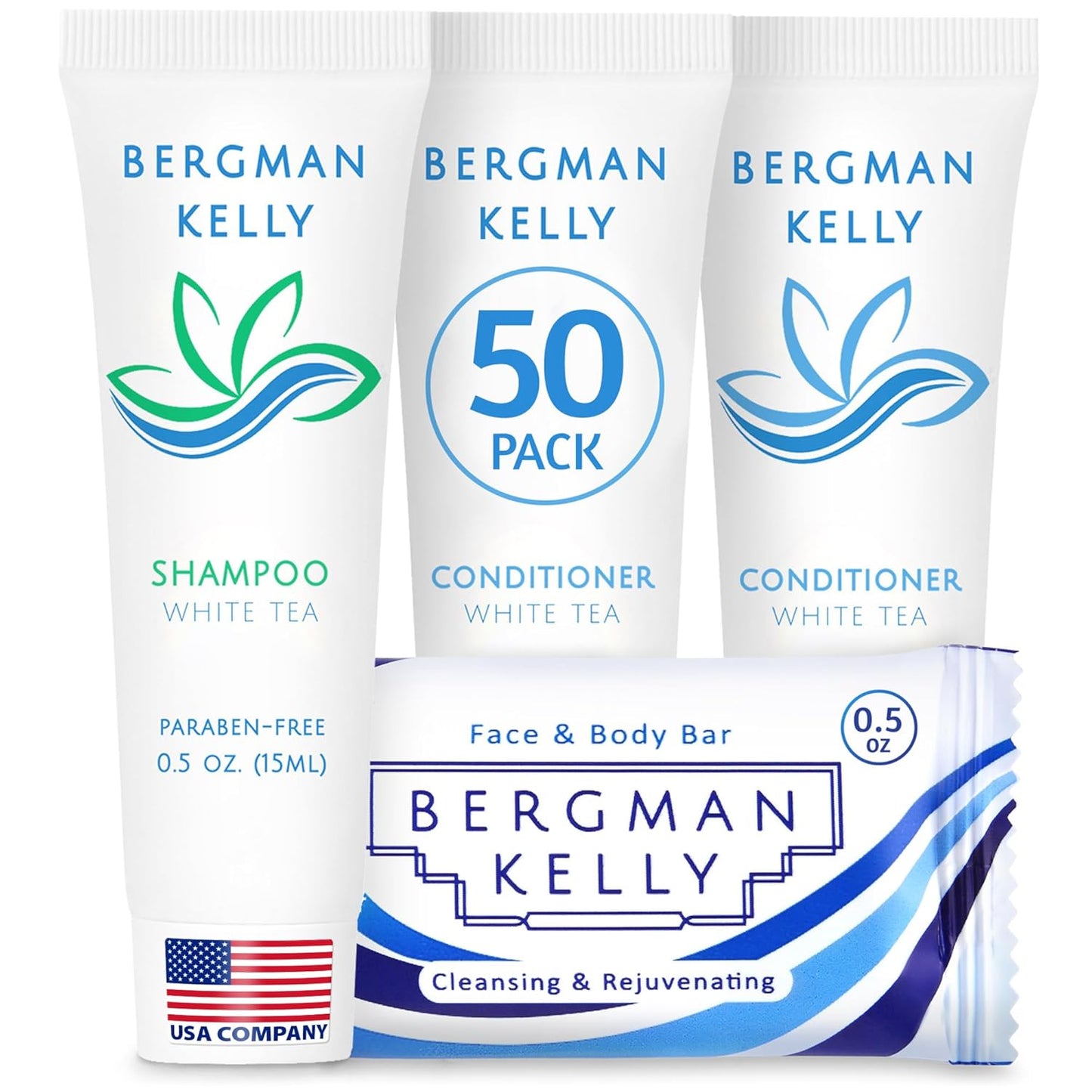 Bergman Kelly Rectangular Hotel Soap Bars | 3-Piece Travel Toiletries Set - White Tea, 0.5 oz Each