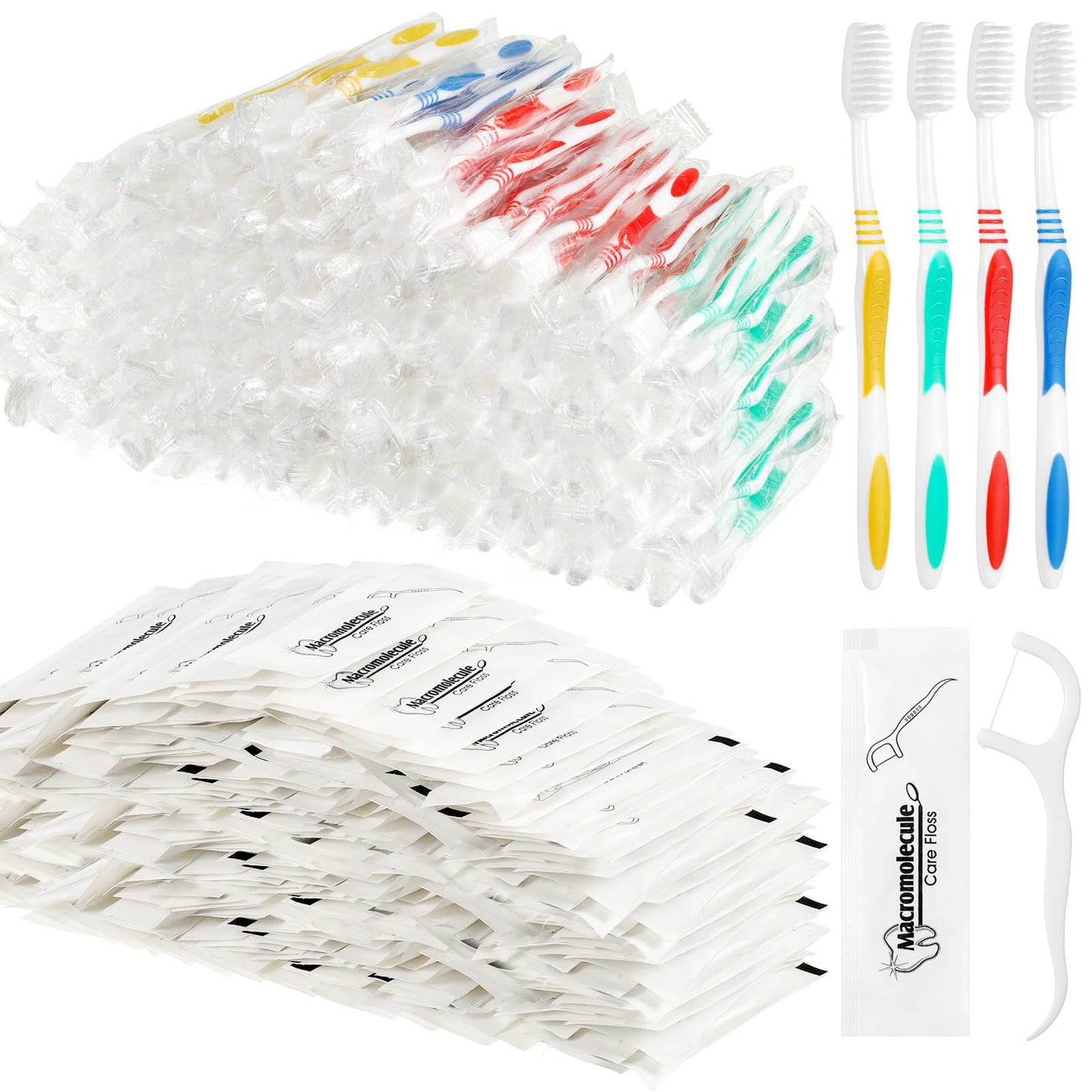 Mifoci 300 Pcs Individually Wrapped Toothbrushes Bulk with Dental Floss Set 100 Soft Bristle Toothbrushes 200 Floss for Travel Office School Hotel Guest Homeless Holiday Gifts
