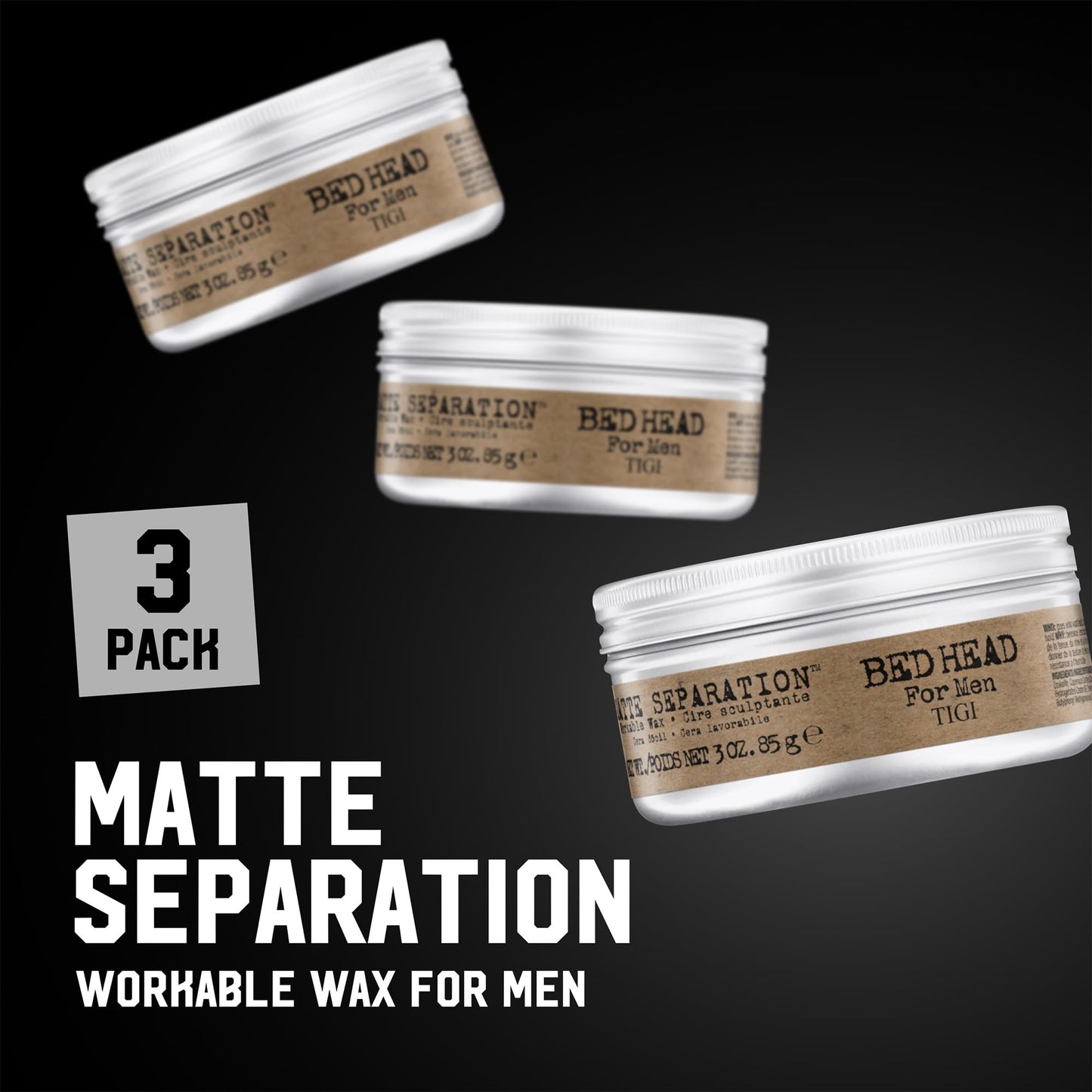 TIGI Bed Head Hair Wax for Men, Matte Separation 3-Pack – Workable Strong Hold, Anti-Humidity, Travel-Friendly Hair Products for Men, 3 Oz Ea