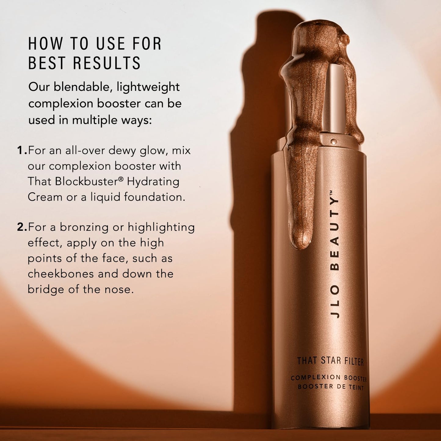 JLO BEAUTY Makeup Highlighter & Bronzer for Face & Body, Liquid Complexion Booster, Illuminating Primer Glow Drops with Vitamin E, Sheer Dewy Skin Tint, That Star Filter, Pink Champagne, 1 Fl Oz