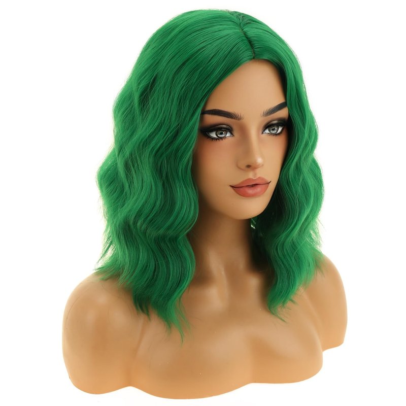 RIGHTON Emerald Green Wig for Women Short Curly Wig Green Beach Wave Wigs with Hairnet