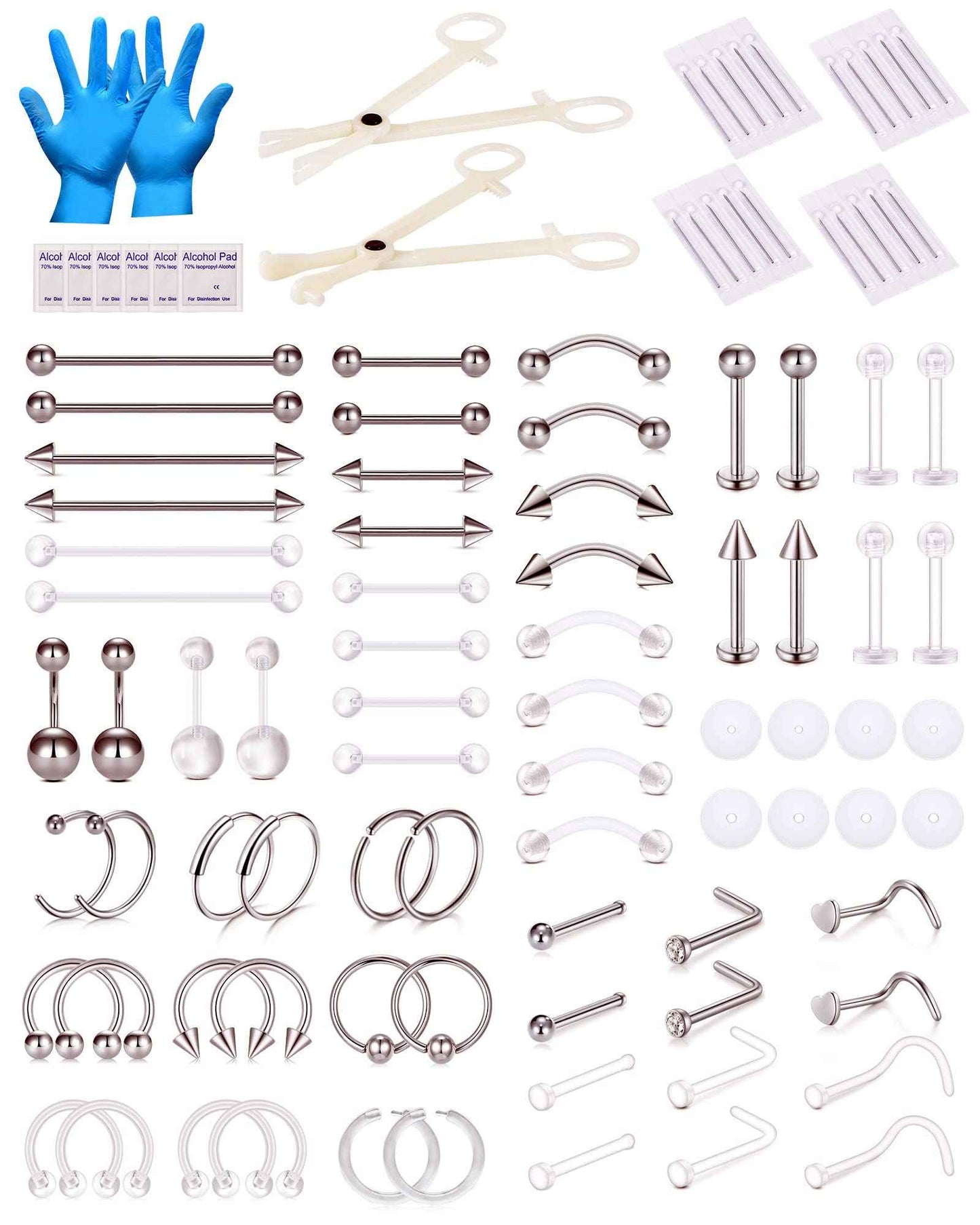 DJCIW 90PCS Piercing Kit, Stainless Steel 14G 16G 18G Piercing Needles Kit Ear Nose Tongue Tragus Cartilage Daith Eyebrow Belly Button Rings Lip Nipple Clear Retainer Piercing Jewelry