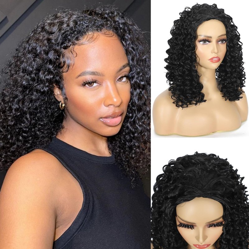 DEYNGS Synthetic Half Wig, Kinky Curly 3 In 1 Wigs For Black Women, Seamless Flip Over Half Wigs Glueless Wear and Go Beginner Friendly Drawstring Headband Wig for Women