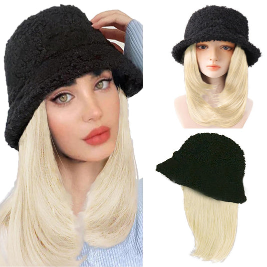 WUODHTW Winter Fisherman Hat with Hair Curly Wavy Straight Hairpiece Cosplay Wig Hat Women Lambs Wool Bucket Cap with wig