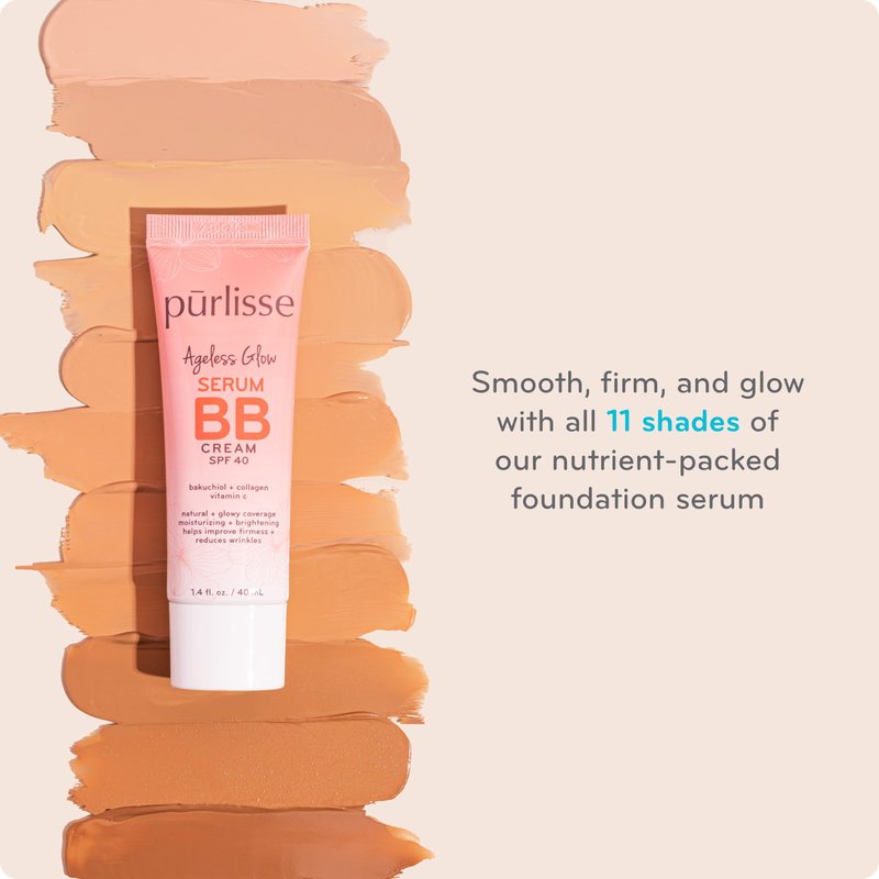 pūrlisse Ageless Glow Serum BB Cream SPF 40 - Glowy Tinted Moisturizer with SPF - Korean Skin Care Formula with Vitamin C & Bakuchiol to Firm, Brighten & Even Skin - Light Medium (1.4 oz)