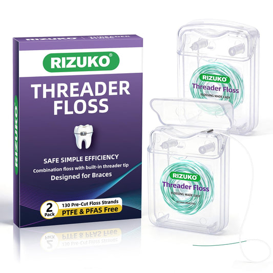 Threader Floss,2-in-1 Dental Floss for Braces, Bridges & Implants,Easy Threading Design,130 Count PTFE & PFAS Free Expanding Floss for Deep Cleaning (65 Count(Pack of 2), Light Mint)