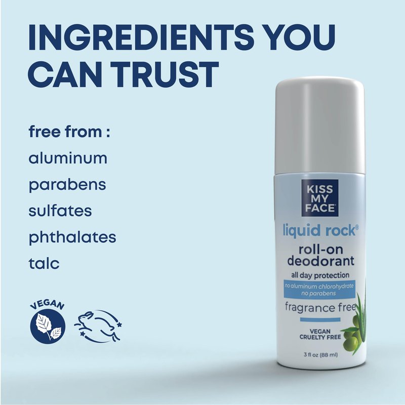 Kiss My Face Liquid Rock Roll-On Deodorant, All Day Protection, Vegan and Cruelty Free, Fragrance Free, 3 Fl Oz, Pack of 3
