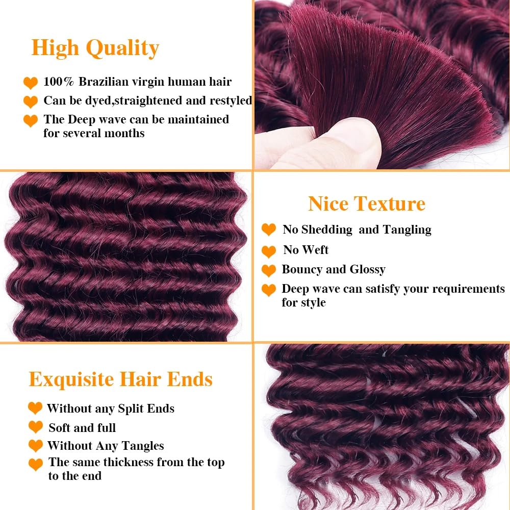 Human Braiding Hair 2 Bundles/Pack 100g Burgundy 99J Curly Deep Wave Human Bulk Hair for Braiding No Weft 10A Brazilian Virgin Human braiding Hair 99J (Burgundy 99J, 14 inch/100g)
