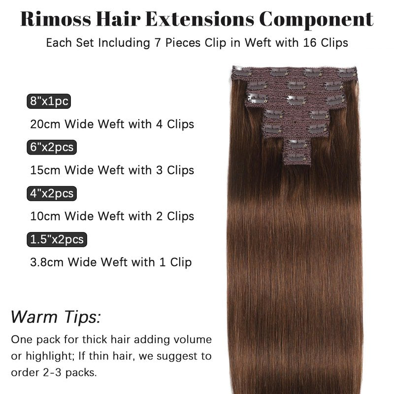 Rimoss Clip in Hair Extensions Real Human Hair - Chocolate Brown Color, 16 Inch 7pcs - Soft Remy Hair Extensions Real Human Hair Clip ins Straight for Women (#4 16 Inch)