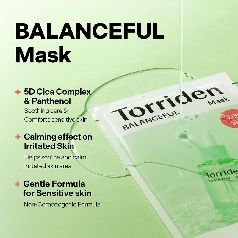 Torriden BALANCEFUL Cica Facial Masks (10 sheets) | Extra Soothing Care | 5D CICA, Hydrolyzed Hyaluronic Acid, Panthenol | Korean Face Mask