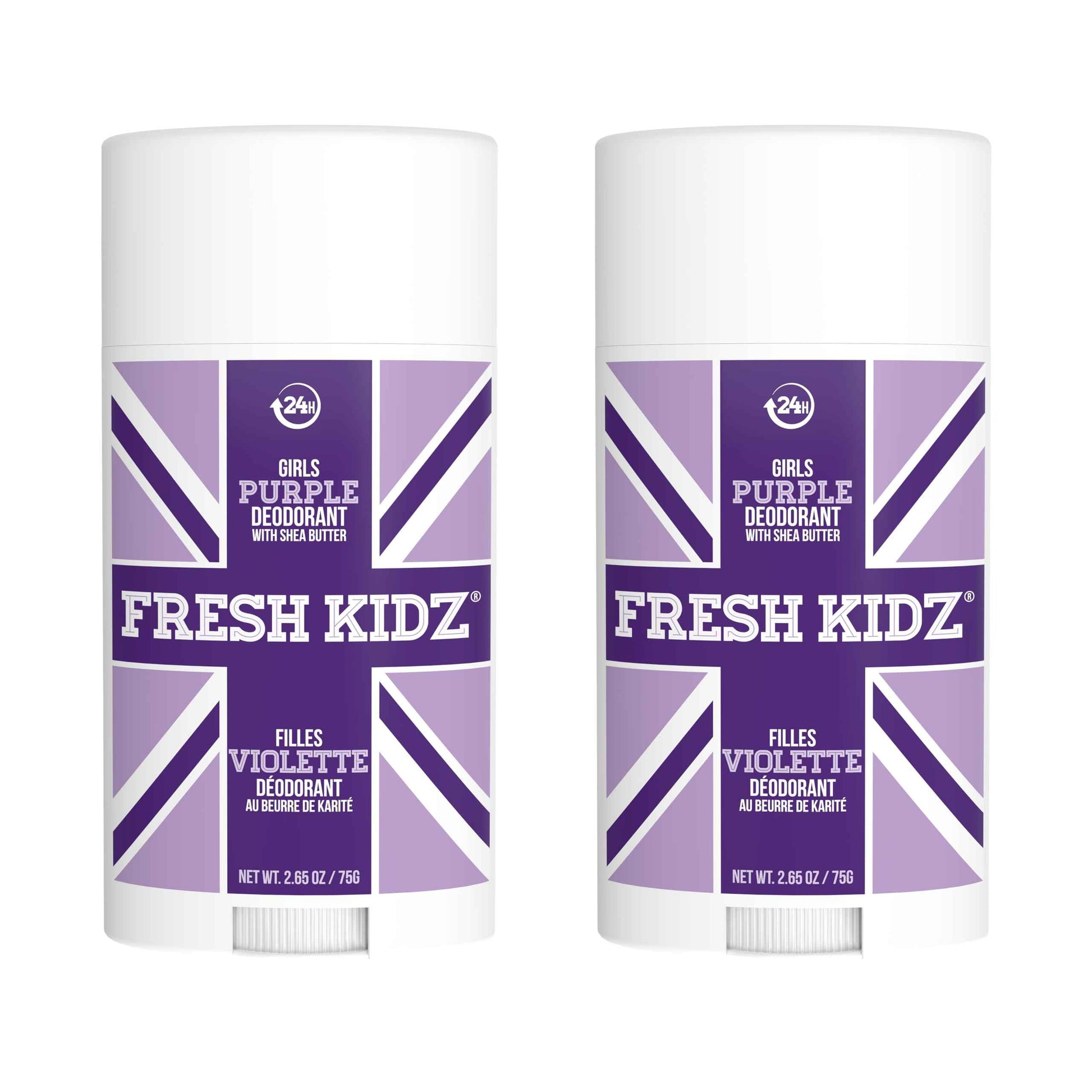 Fresh Kidz Deodorant Stick for Kids and Teens - Baking Soda and Aluminum-free 24 Hour Protection for Sensitive Skin - Girls "Purple", 2.65 oz / 75 g (2 Pack)