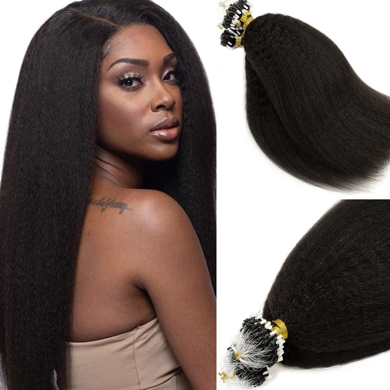 Caliee Microloop Hair Extensions Microlink Human Hair for Black Women Kinky Straight 16 Inch Micro Beads Hair Extensions Human Hair Natural Black 1B Color 50g 50s