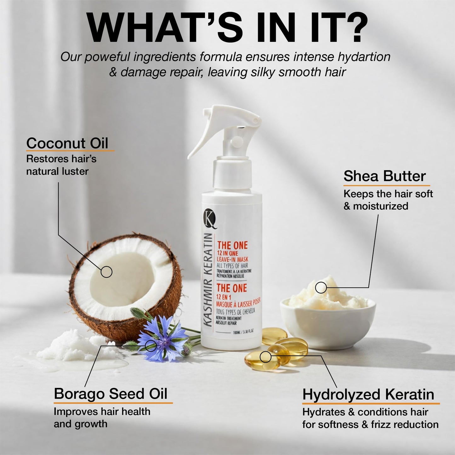 Kashmir Keratin THE ONE Leave In Conditioner 12-in-1 Hair Treatment Spray (3.38 Fl Oz) Detangles, Smooths Frizz,Adds Shine & Hydration for Dry Damaged Hair, Lightweight Keratin Care for All Hair Types
