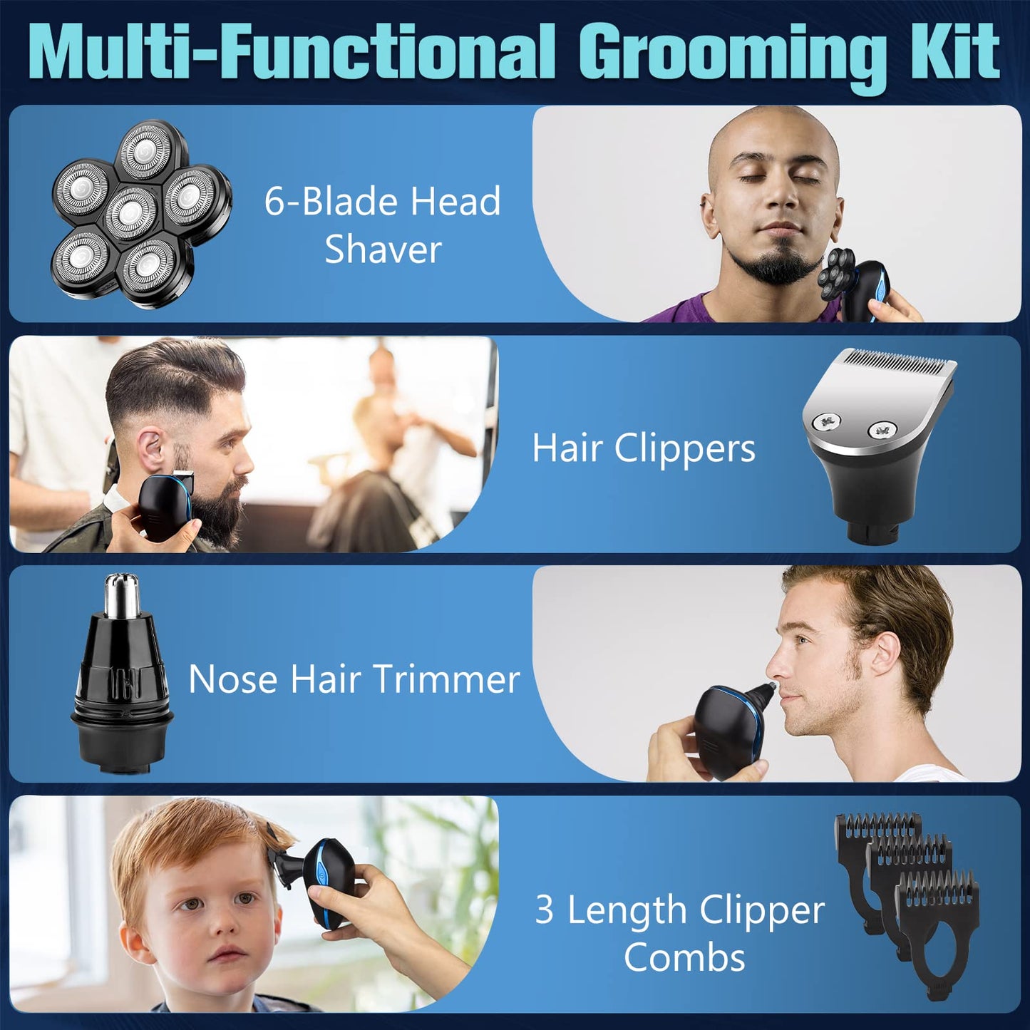 Head Shaver for Bald Men, 6-in-1 Electric Shaver for Bald Head 6D Wet/Dry Waterproof Mens Electric Razor Head Shavers with Grooming Kit Cordless Rechargeable Face Head Shaving Rotary Shavers Blue