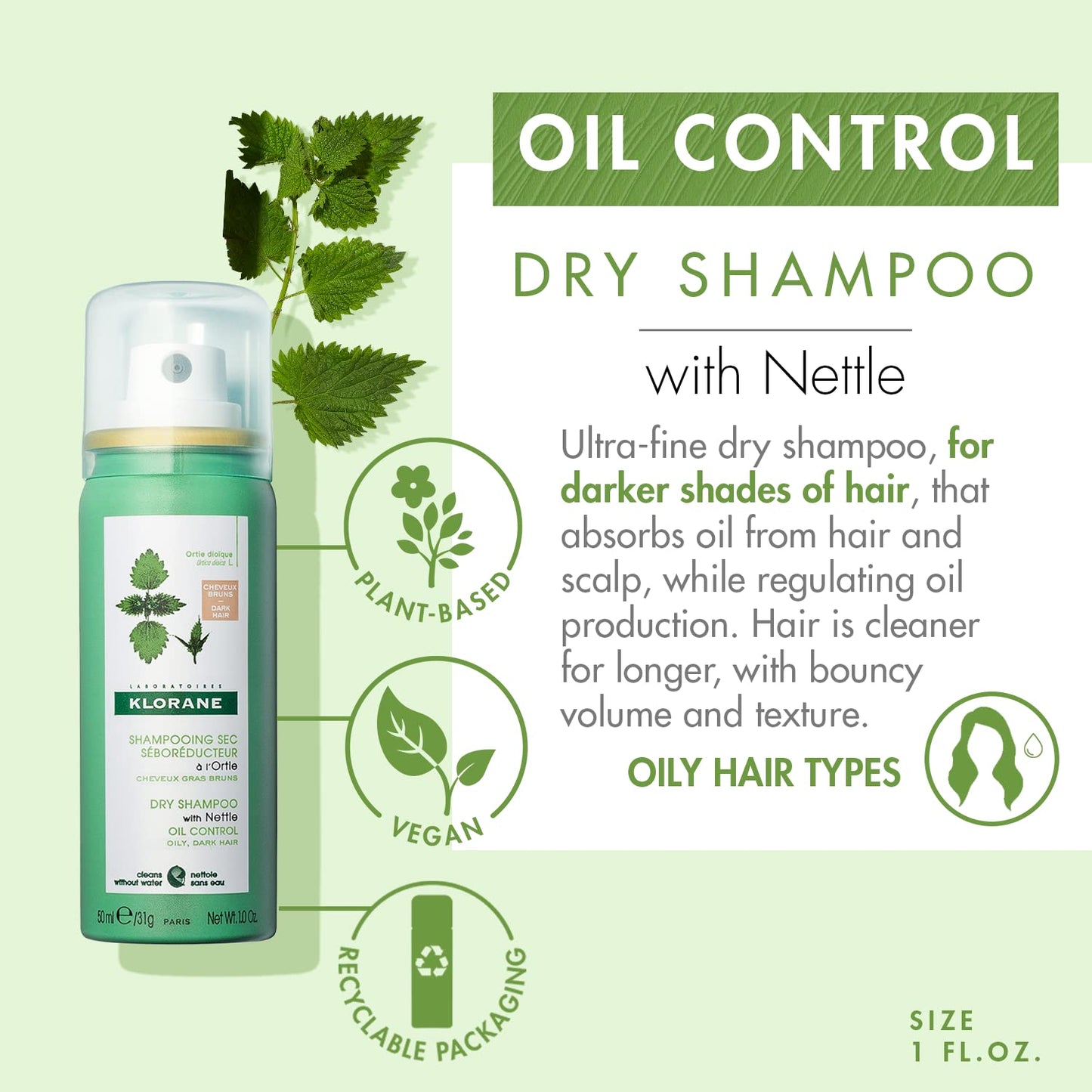 Klorane Dry Shampoo With Nettle and Natural Tint, Nettle for Brunette, Oily Hair and Scalp, Regulates Oil Production, Paraben & Sulfate-Free, Travel Size 1 Fl oz.