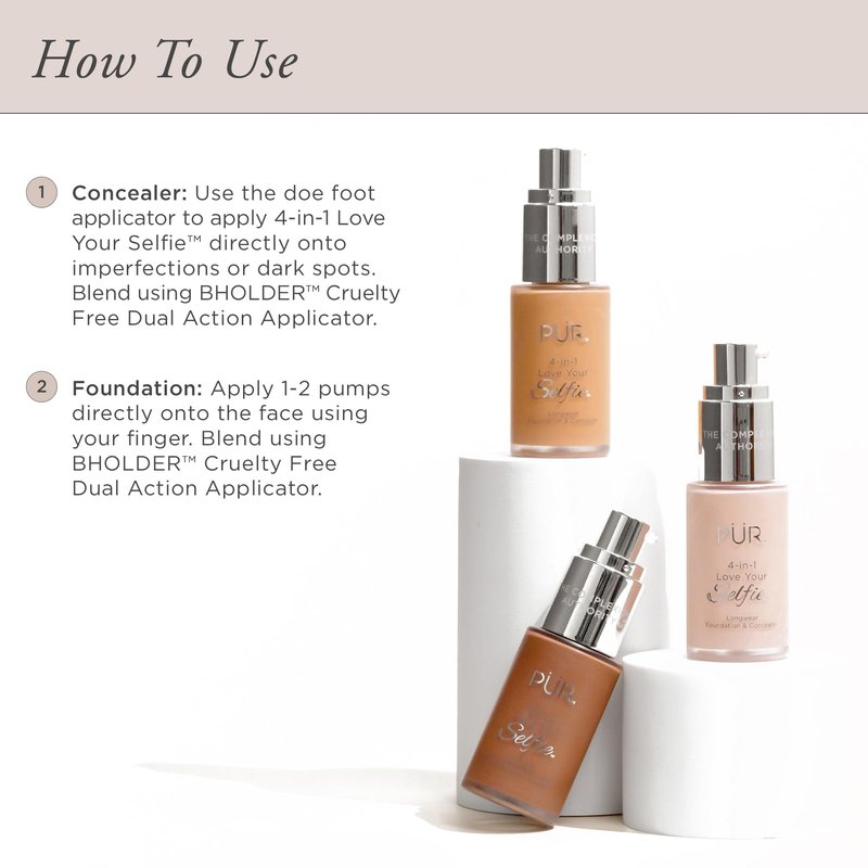 PÜR MINERALS 4-in-1 Love Your Selfie Foundation & Concealer - Longwear Full Coverage Liquid Makeup Foundation with Hydrating Blend for Refined-Looking, Natural Beauty Glow, Skin Texture & Tone