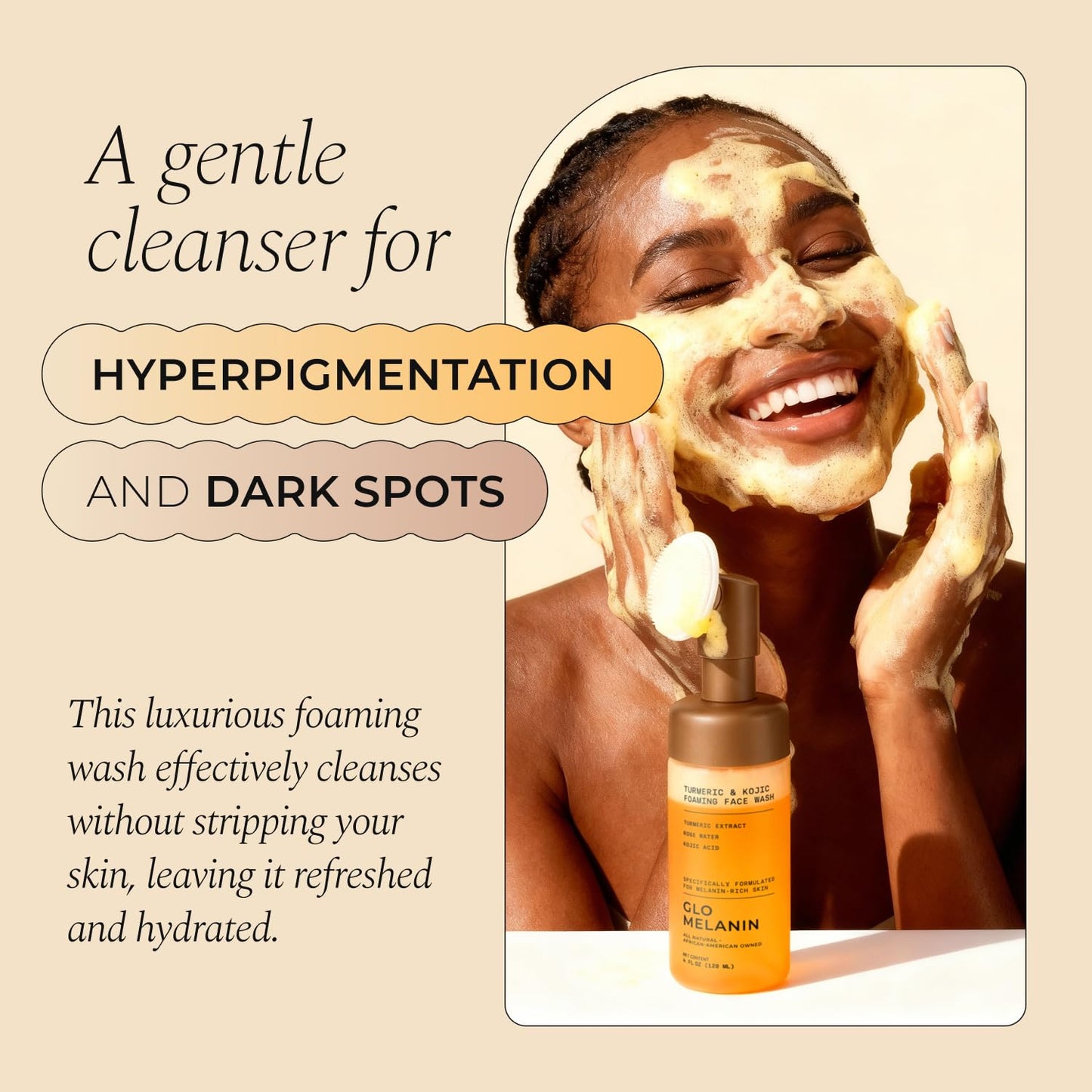 Glo Melanin Foaming Face Wash | Brightening Cleanser with Turmeric, Rose Water & Aloe - 4 fl oz, Paraben-Free