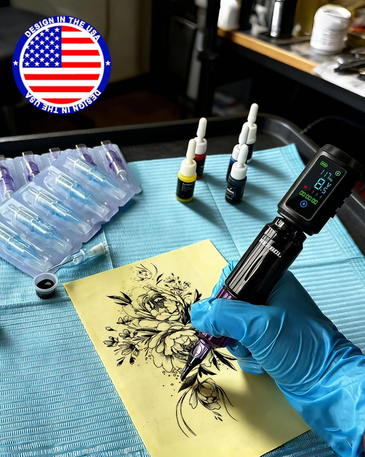 Tattoo Gun Kit for Beginners - Wireless Tattoo Machine with 1600mAh Battery, 10 Cartridge Needles & Ink Set | Black & Color