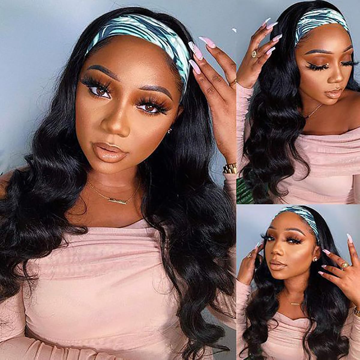 Celiarita Headband Wig Human Hair Body Wave 14 inch None Lace Front Human Hair Machine Made Half Wigs for Black Women Headband Wig Body Wave Natural Color