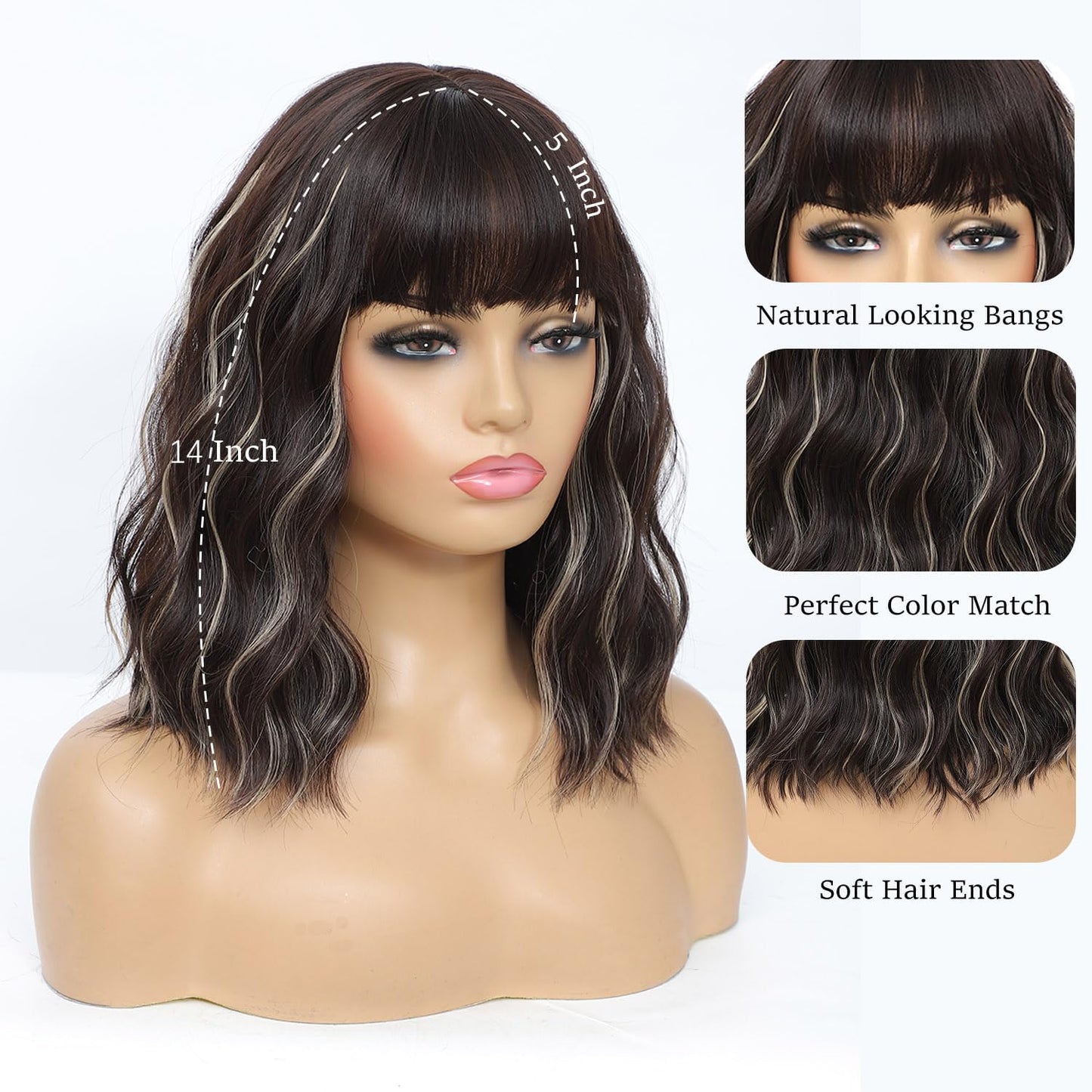 Veally Blonde Highlight Bob Wig with Bangs Short Brown with Blonde Wigs for Women Natural Looking Synthetic Heat Resistant Fiber Highlight Wig for Daily Party Use