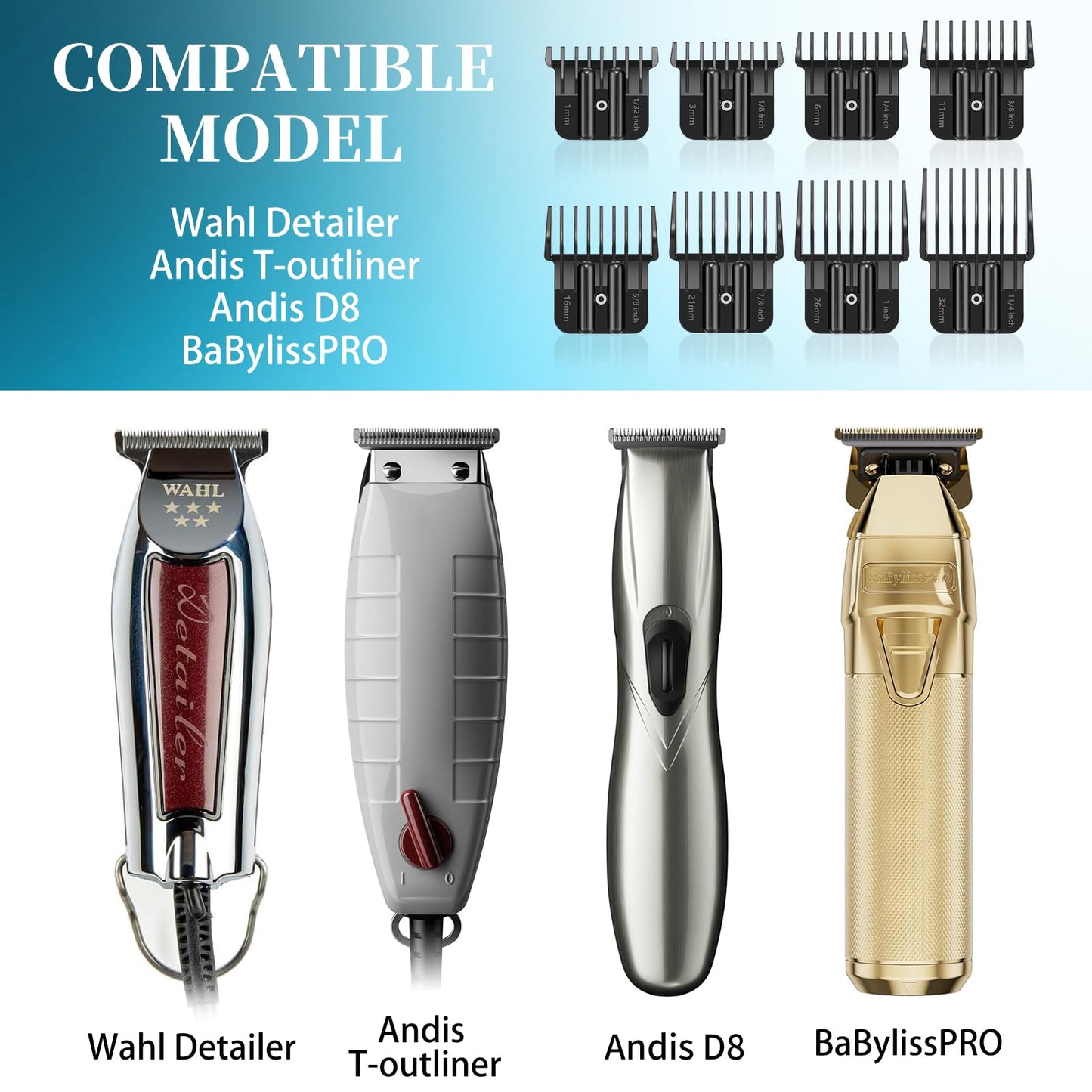 8 Premium Clipper Guards for BaBylissPRO Barberology FX870，FX890，FX825 and FX673 Clippers, Fit for Babyliss Clipper Guards with Metal Clip - Cutting Lengths 1/16-3/4 inch Attachment Combs Set