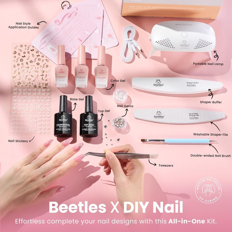 Beetles Gel Nail Polish Kit with U V Light 25Pcs Rose Garden Walk Nude Pink Gel Polish Set with Base Top Coat Starter Kit DIY Home Nail Art Decoration Gift for Women Girls