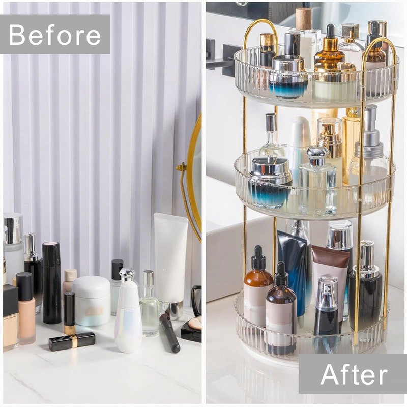 INVSSENE 360° Rotating Makeup Organizer, Bathroom Make Up Spinning Holder Rack, Large Capacity Cosmetics Storage Vanity Shelf Countertop, Fits Cosmetics, Perfume, Skincare, Lipsticks(3 Tiers, Clear)