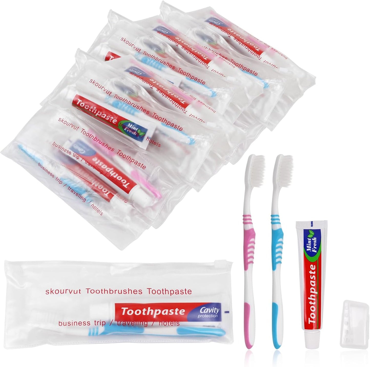 Disposable Toothbrushes with 45g Toothpaste - Travel Kit in White Zip Bag | Bulk Pack for Hotels & Shelters (20 Count)