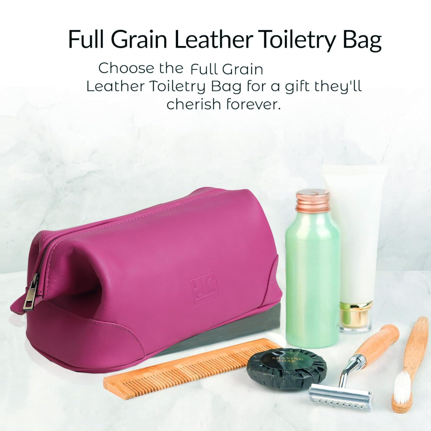 HLC Leather Toiletry Bag for Men Best Gift Premium Genuine Dopp Kit Shaving Kit Organizer Travel Kit Pouch Bag 10 inch Size (Pink)