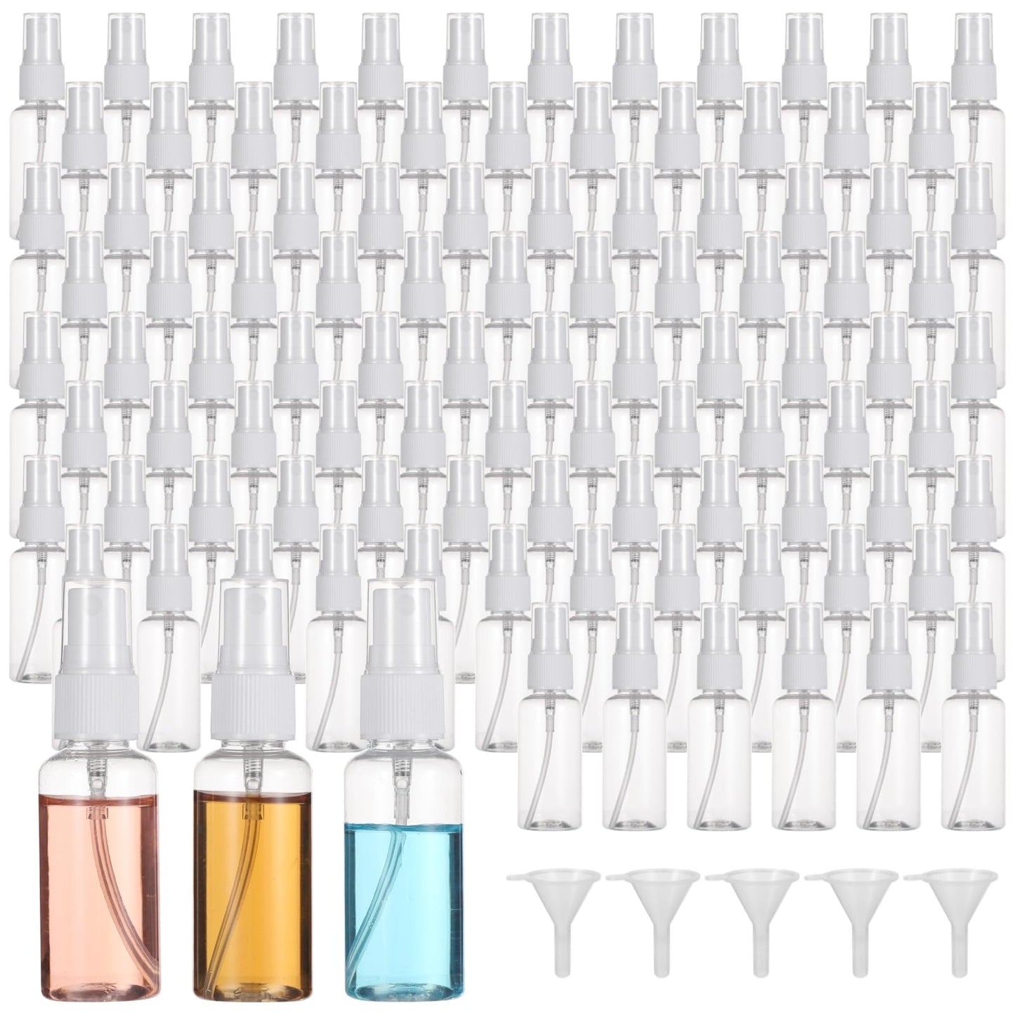 OMISTAR 100 PCS 1 oz Mini Small Spray Bottle - 30ml Transparent Plastic Travel Spray Bottles for Perfume Cosmetic, Travel Size with 5 Funnels, Convenient Refillable, Leak-proof Design