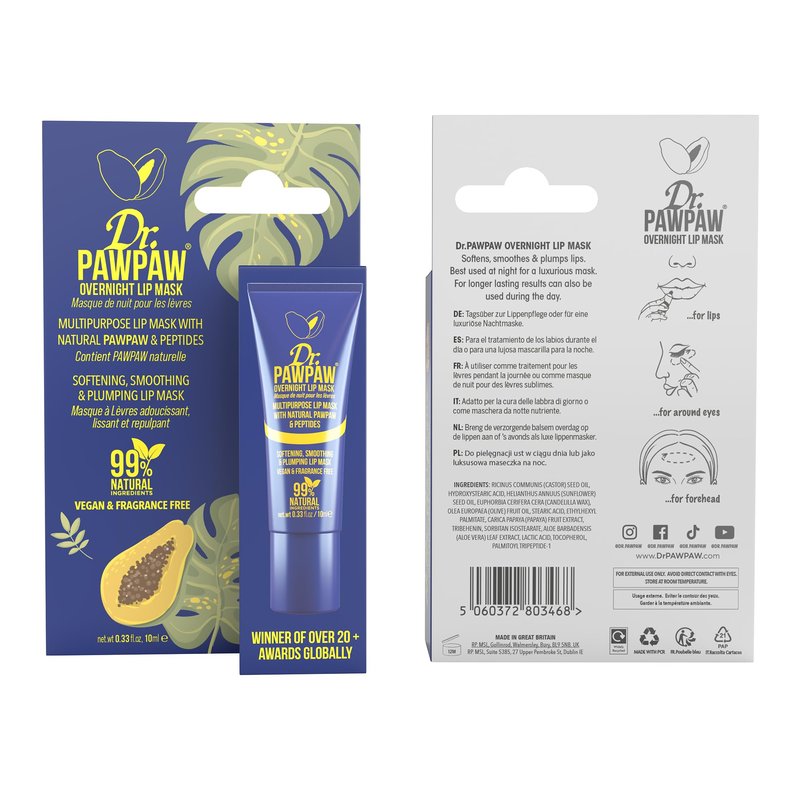 Dr. PawPaw Multipurpose Overnight Lip Mask - Lip Sleeping Mask with Peptides - Natural Lip Moisturizer for Plumper Lip - Cruelty Free - 0.84 oz