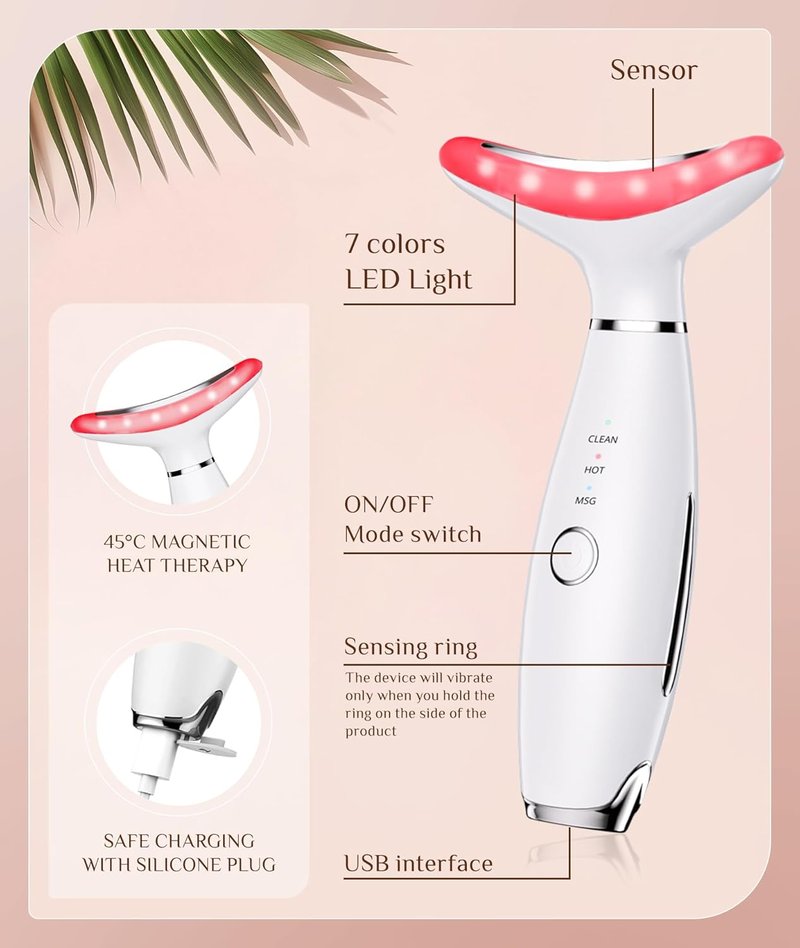 Galvanic Facial Machine - 7 Color Red Light Therapy Tool for Wrinkles & Double Chin | Vibrating Massager, White
