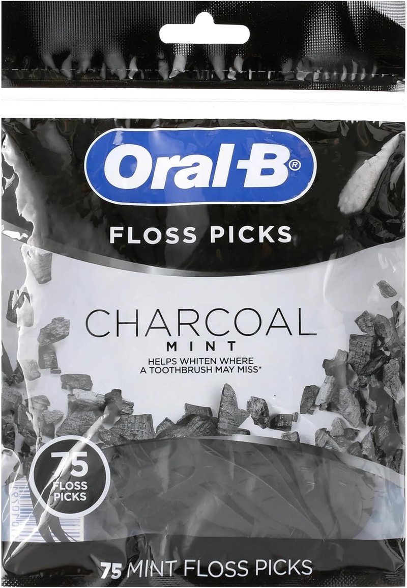 Oral-B Charcoal Infused Mint Dental Floss Picks - 75 Count for Fresh Breath & Effective Cleaning