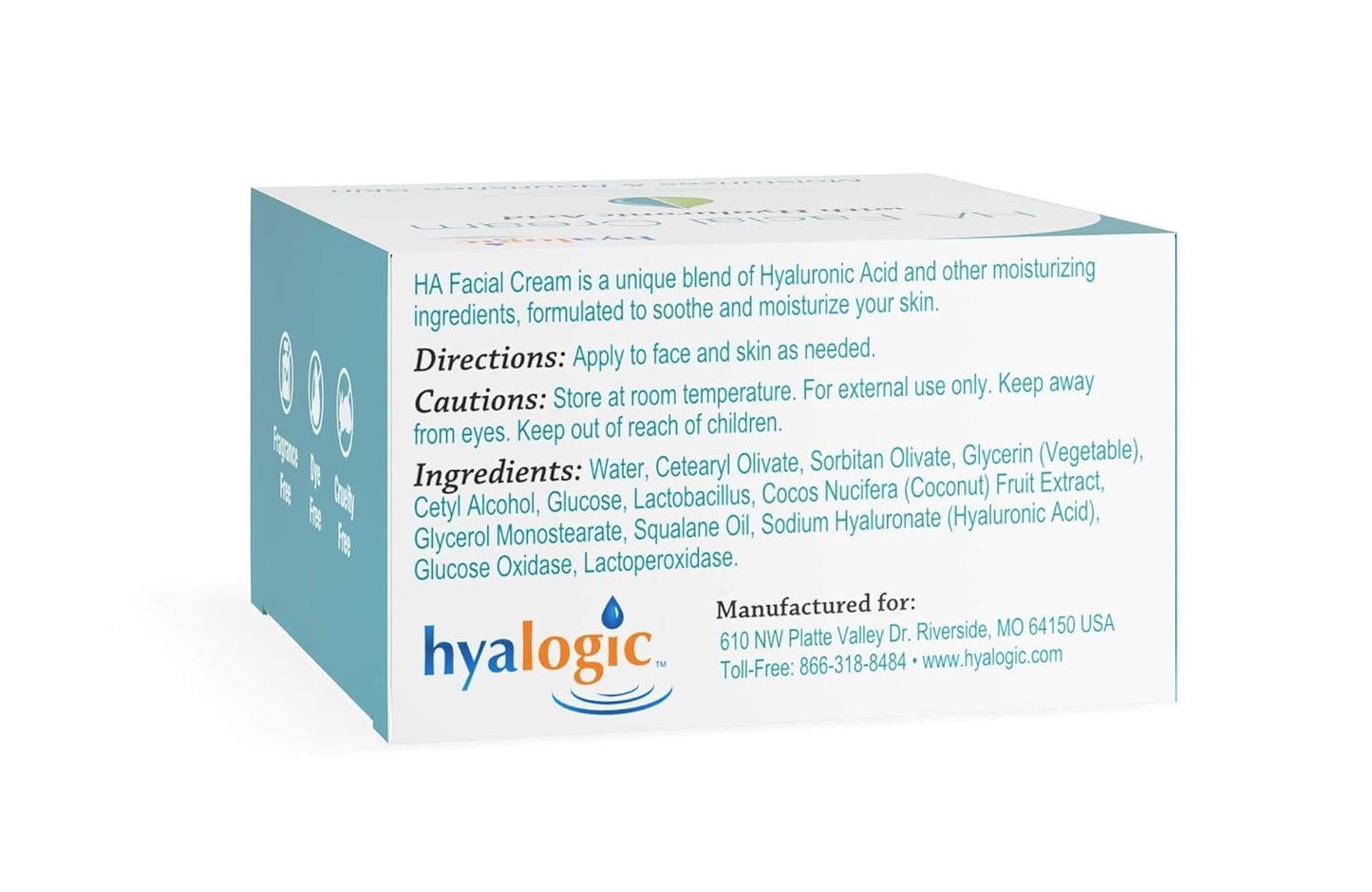 Hyalogic HA Facial Cream - Hydrating Hyaluronic Acid Moisturizer | 2 oz