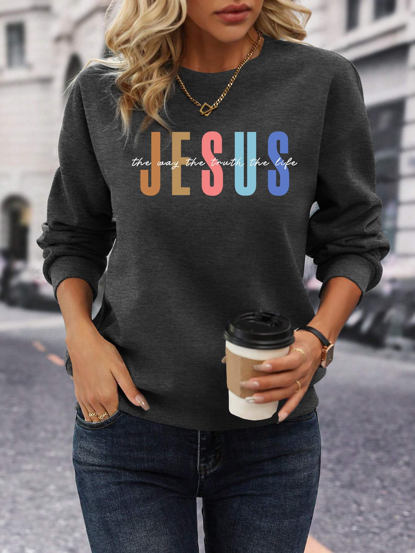PICKID Jesus Sweatshirt Women Christian Sweatshirts Jesus Faith Sweater Bible Verse Top Religious Gift Pullover Top Grey