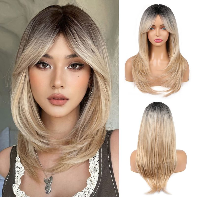 TuTive Blonde Wig With Bangs 22 Inch Layered with Black Roots Shoulder Length Wigs for Women Ombre Color Wig Natural Looking Synthetic Hair Wig for Daily Party Use(Ombre Blonde)