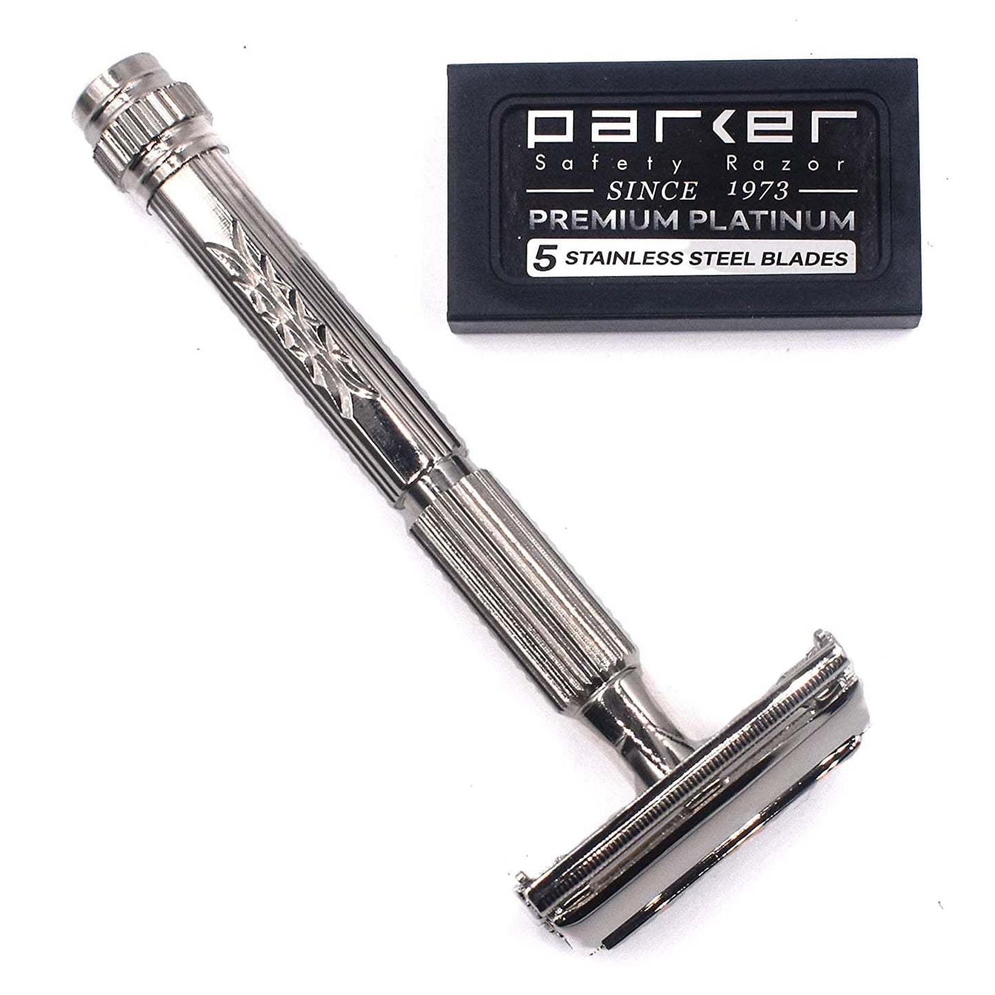 Parker 60R Long Handle Butterfly-Open DE Safety Razor for Men – Solid Brass, Nickel-Plated Wet Shaving Razor – Includes 5 Platinum Blades–Close, Comfortable Shave, Reduces Razor Burn & Ingrown Hairs