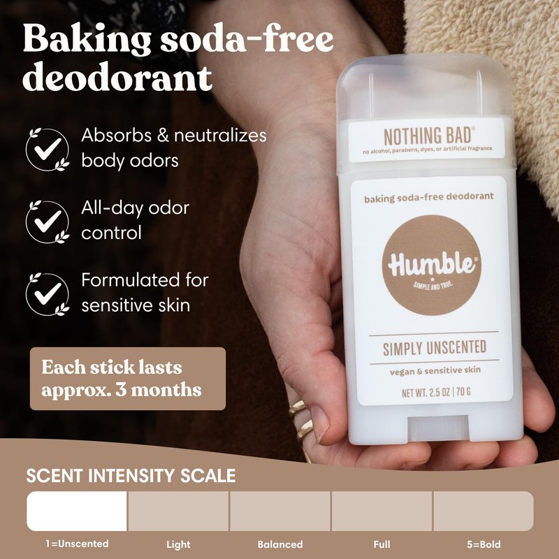 Humble Aluminum-Free Deodorant for Women & Men, Simply Unscented - Baking Soda-Free Natural Deodorant Stick for Sensitive Skin with Essential Oils for Long-Lasting Odor Control, 2.5 Oz (Pack of 3)