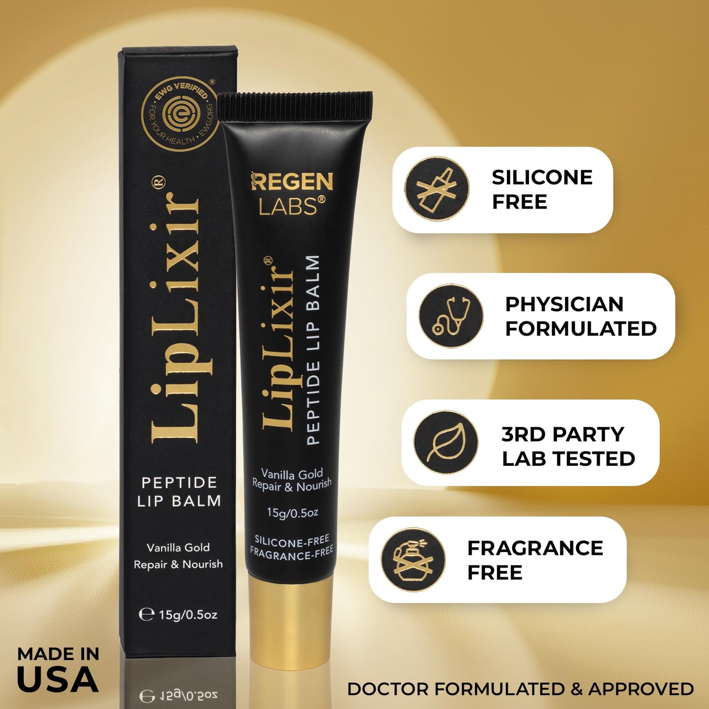 LipLixir Non Toxic Peptide Lip Balm – EWG® VERIFIED, All-Natural, Ultra-Clean, Hydrating, Doctor Approved Lip Gloss – Fragrance-Free with Shea, Cocoa & Coconut Oil, (Reformulated Thicker Formula)