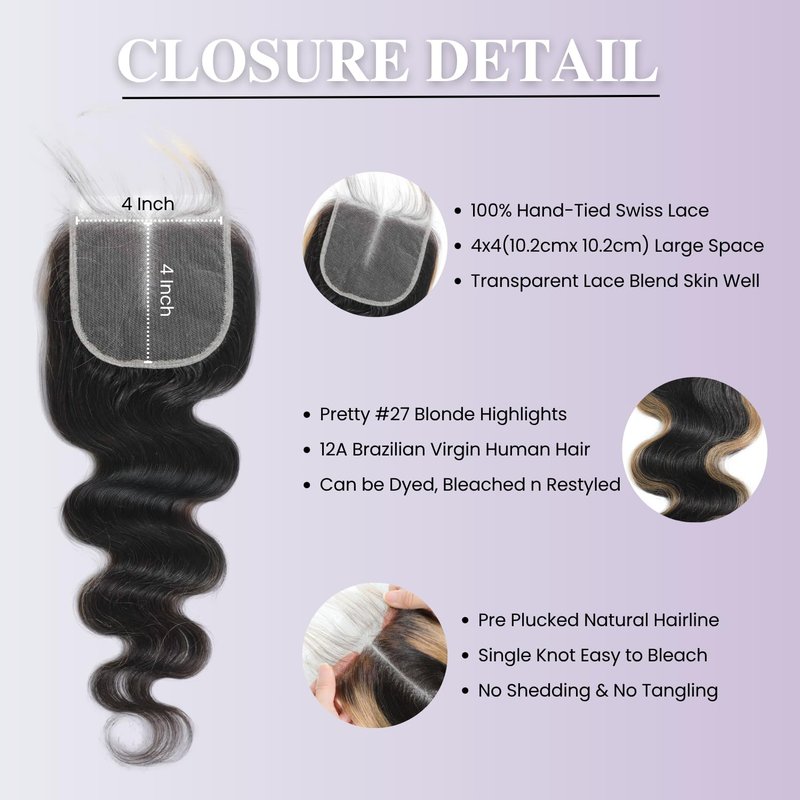 Honey Blonde Highlight 4x4 Lace Closure - 100% Virgin Human Hair Body Wave, 16 Inch, Pre-Plucked with Baby Hair, Ombre Design