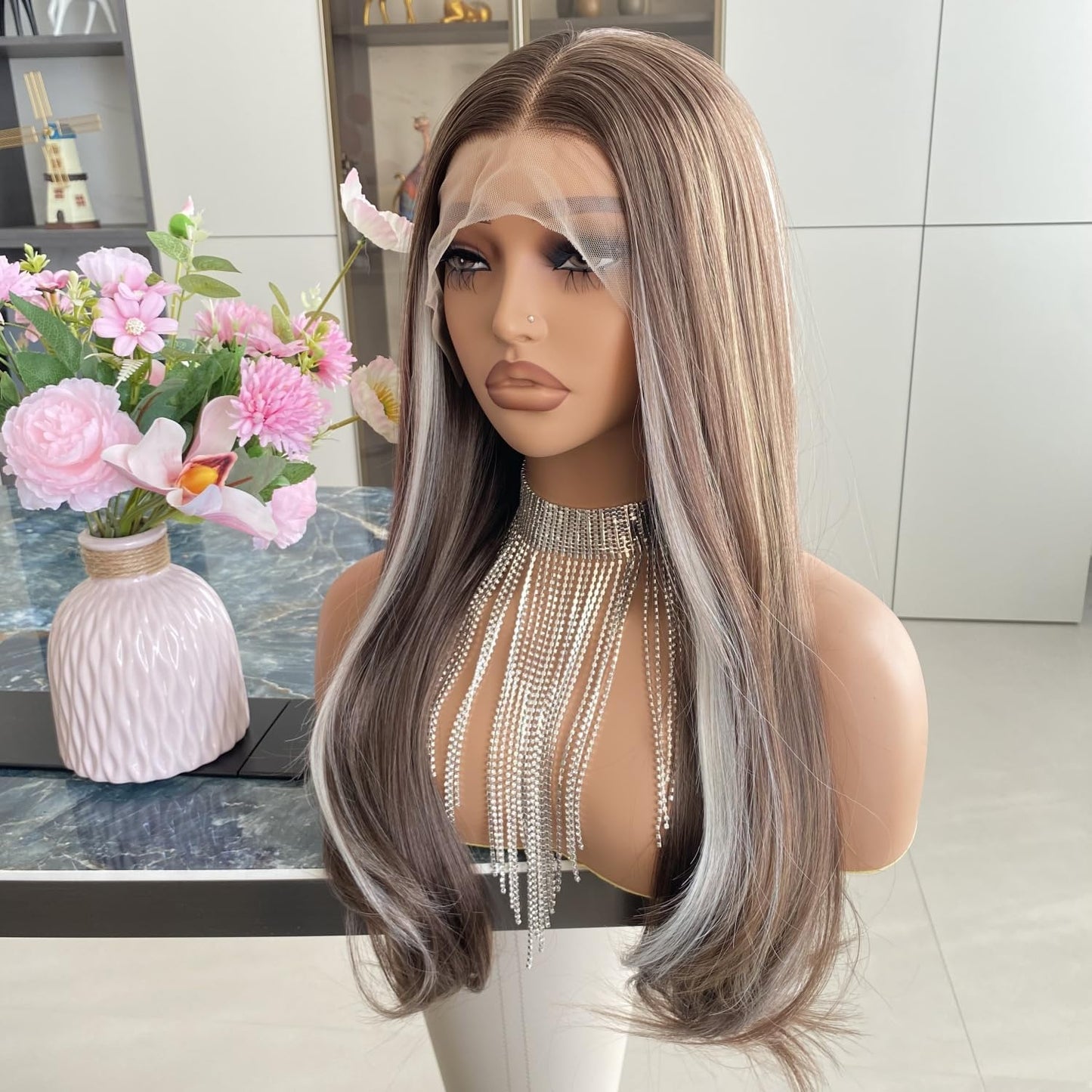 Carkira Ash Brown Wigs Mixed Honey Blonde Color Highlight Platinum Hair 13x4 Lace Front Wig Ombre Silver Loose Wave Synthetic 22Inch Pre Plucked for Women Girls