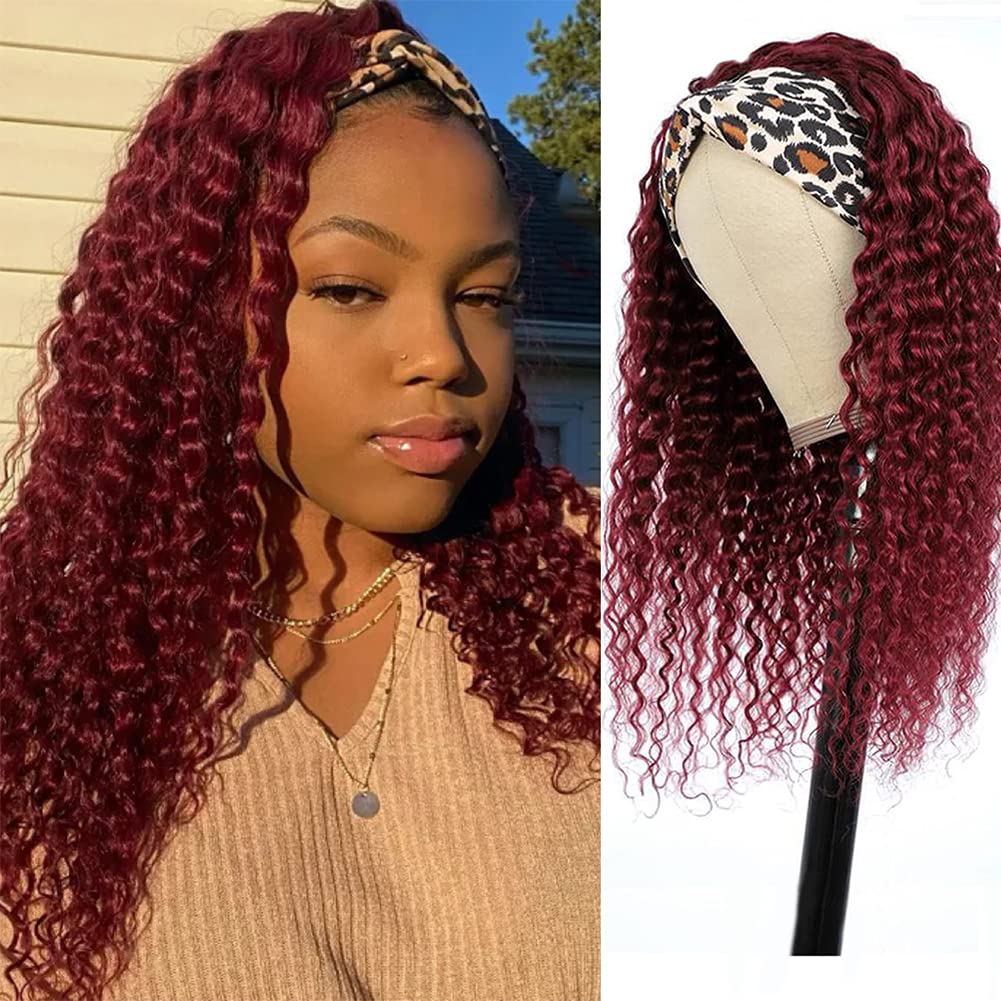 Headband Wig - 99J Burgundy Deep Wave | 10 Inch 180% Density Human Hair Wig