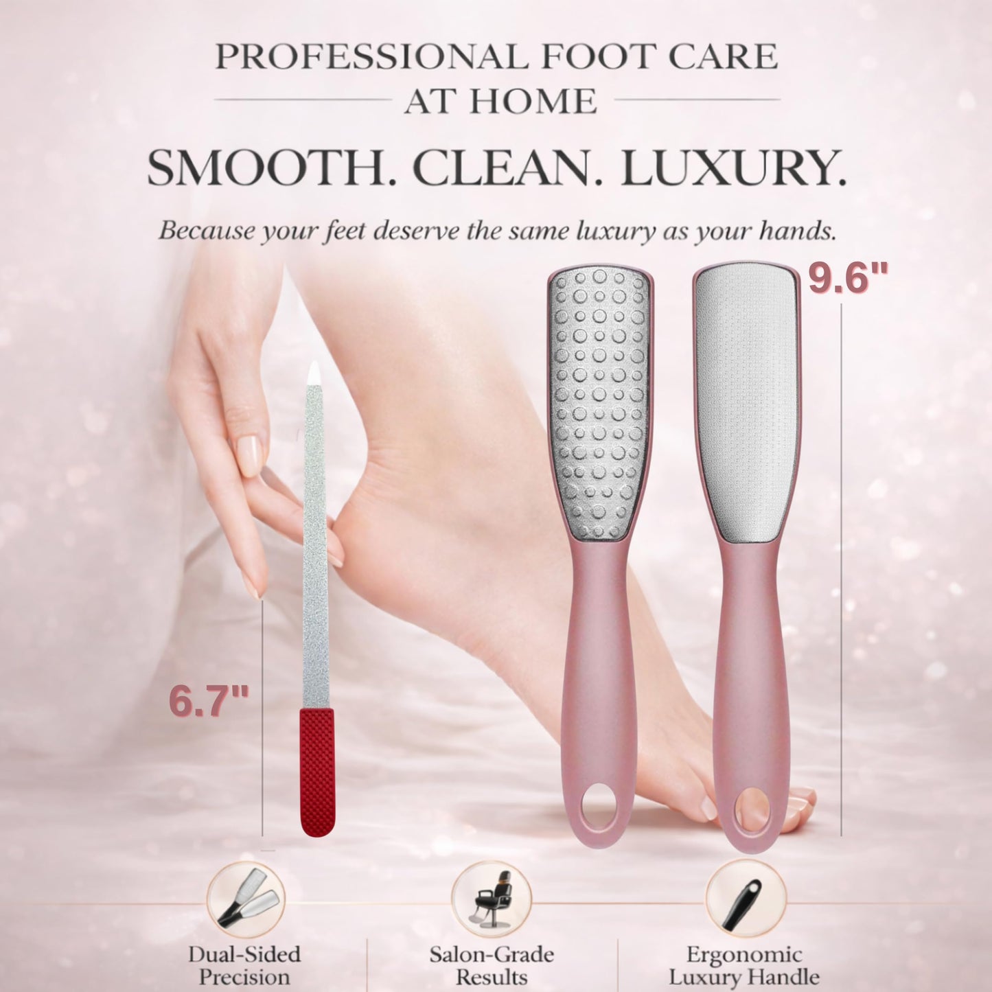Professional Foot File & Callus Remover 2-in-1 Set – 9.6" Foot Rasp with 6.7" Nail File Included–Elegant Rose Gold–Dual-Sided, Durable & Hygienic Pedicure Tool for Smooth, Soft Feet–Wet & Dry Use