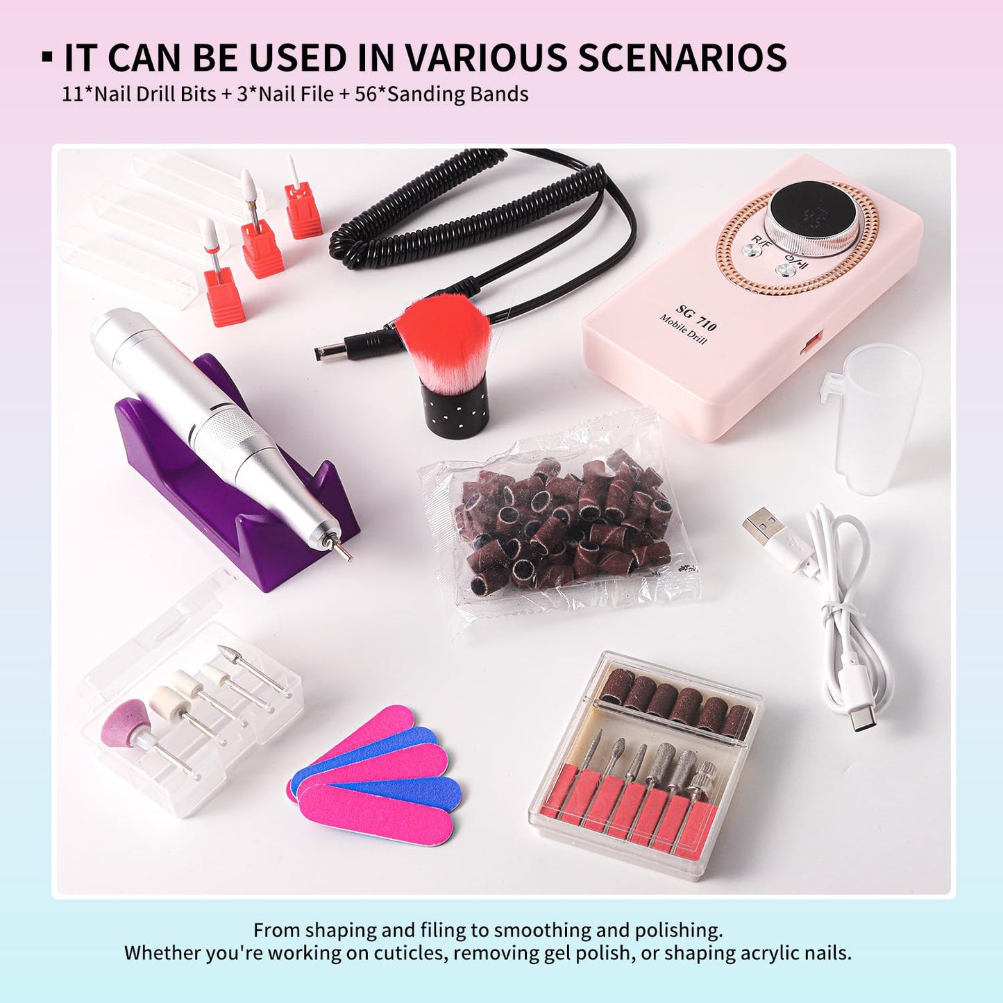 Electric Nail File for Acrylic Nail Kit 45000RPM Electric Pink Nail Drill Professional Manicure Pedicure Set with Nail Drill Kit Bits Efile Cordless for Manicure