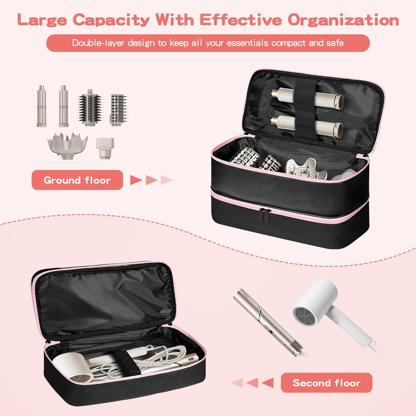 Jenlan Travel Carrying Case for Shark Flex Style, Waterproof PU Leather Double Layer Storage Case for Shark SpeedStyle Hair Dryer Attachments, Organizer Bag for Shark Flexstyle Airwrap Styler (Black)